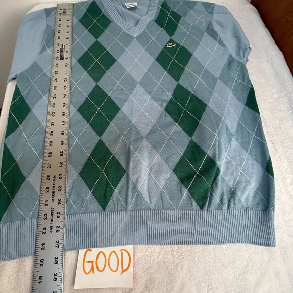 Lacoste Mens Argyle V-Neck Pullover Sweater Size 8 Blue Green 100% Cotton F5178 - Picture 8 of 8